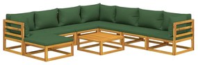 Set salotto da giardino 9pz con cuscini verdi in legno massello