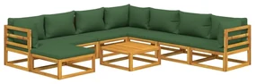 Set salotto da giardino 9pz con cuscini verdi in legno massello