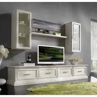 Parete attrezzata porta tv in legno shabby bianco l.245