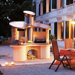 Palazzetti Sumatra barbecue con cappa in rame inserti in pietra e piano d'appoggio in Realstone cotto