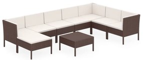 Set divani da giardino 9 pz con cuscini in polyrattan marrone