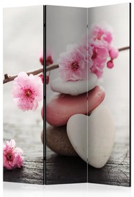 Paravento design Fiori sbocciati (3-parti) - fiori di ciliegio e sassi in stile zen