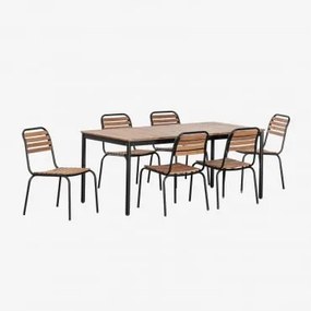 Set Tavolo Rettangolare (160x90 Cm) E 6 Sedie Da Pranzo Impilabili In Acciaio E Legno Di Acacia Artus Nero - Sklum