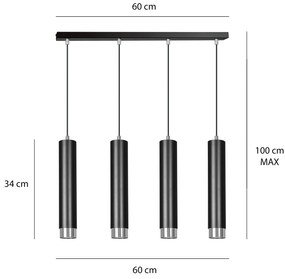 Lampadario 4 Luci Brunilde In Acciaio Nero E Tubolari In Nero E Cromo