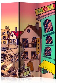 Paravento Mattina in città (3 parti) - architettura cartoonesca colorata