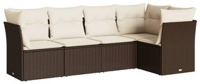 Set Divano da Giardino 5 pz con Cuscini Marrone in Polyrattan