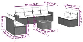 Set divano da giardino 9 pz con cuscini grigio in polyrattan