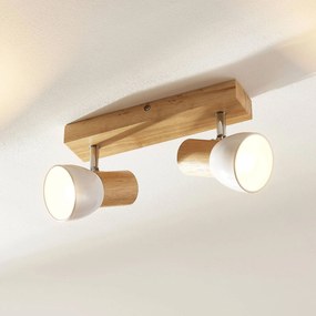 Plafoniera Lindby Thorin, 27 cm, a 2 luci, bianco, legno, E14 Thorin Lindby, dimmerabile, Legno chiaro, Soggiorno / Sala da pranzo, Legno, Scandinavo, Faretto