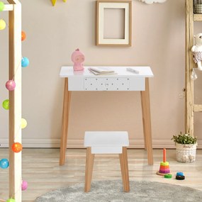 Costway Set di vanità in legno per bambini 2 in 1, Tavolo e sgabello di vanità con specchio pieghevole cassetto