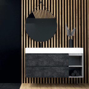 Mobile Bagno Sospeso 120 Cm Due Cassetti Con Vano a Giorno Specchio Tondo Con Cornice Diametro 70 Cm Esseci Arredo Bagno "Elite"