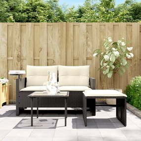 Set divani da giardino 3 pz con cuscini in polyrattan nero