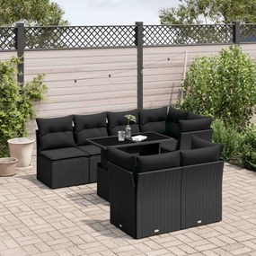 Set divani da giardino con cuscini 8 pz nero in polyrattan