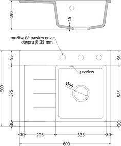 Mexen Ben lavello in granito 1-vasca con sgocciolatoio, destro 600 x 500 mm, bianco, sifone cromato - 6523605000-20