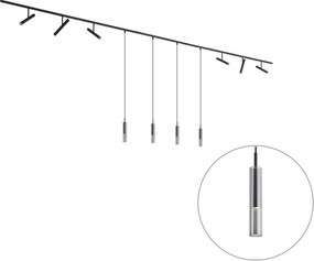 Sistema di illuminazione a binario moderno nero con 6 faretti e 4 luci a sospensione nere monofase - Slimline Avery Loyce