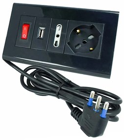 Multipresa Da Tavolo Con USB Nero 1 Presa Schuko 1 Presa Bipasso 10/16A Interruttore Spina 16A Cavo 2 Metri