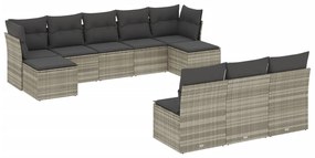 Set divano giardino 10 pz con cuscini grigio chiaro polyrattan