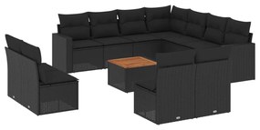 Set divani da giardino 12 pz con cuscini nero in polyrattan