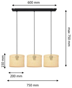 Lampadario a sospensione con filo ALBA 3xE27/15W/230V rattan/nero