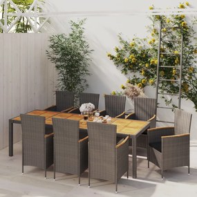 Set da pranzo da esterno 9 pz con cuscini in polyrattan grigio