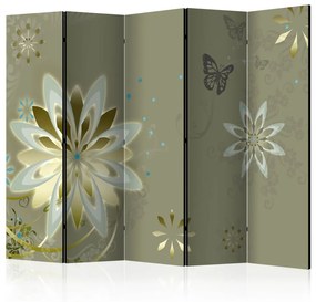 Paravento design Genesi della Natura II - fiori dorati su sfondo verde con farfalle