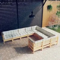 Set Divani da Giardino 10 pz con Cuscini Crema Massello di Pino 3096995