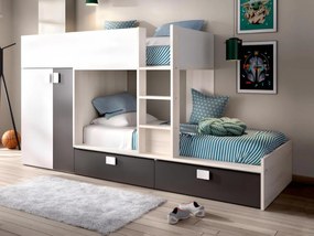 Letto a castello 2 x 90 x 190 cm - Armadio integrato - Bianco, Naturale e Antracite - JUANITO