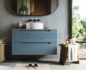 Mobile bagno sky blue 100x45 Mango due cassetti soft close con top quercia e lavabo tondo da appoggio in ceramica lucida