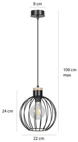 Sospensione 1 Luce Morgana Paralume A Gabbia In Acciaio Nero E Legno Naturale