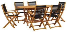 Set pranzo da giardino 7 pz nero polipropilene e legno massello