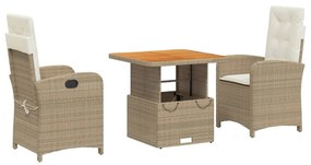 Set da Pranzo da Giardino 3 pz con Cuscini Beige in Polyrattan