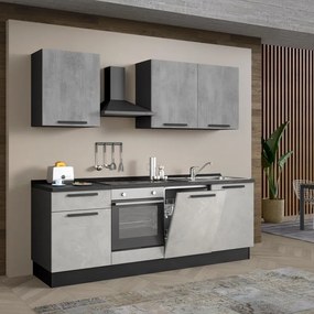 Cucina montata Dora bianco e grigio chiaro, lavello a destra, L.240 cm, completa di: cappa a camino, piano cottura a induzione, forno e lavastoviglie