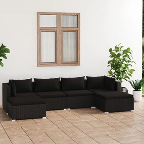 Set salotto da giardino 6 pz con cuscini in polyrattan nero