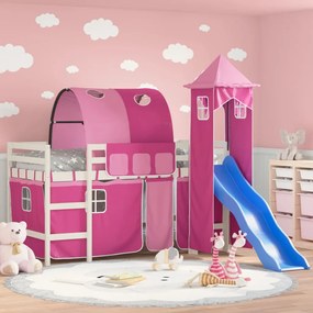 Letto A Soppalco Con Torre Bambini Rosa 90x190cm Massello Pino /