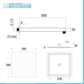 Set doccia nero opaco completo di soffione quadrato 25x25 cm, kit doccetta e miscelatore