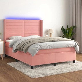 Letto a molle con materasso e led rosa 140x200 cm in velluto