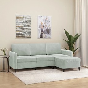 Divano A 3 Posti Con Poggiapiedi Grigio Chiaro 180cm İn Velluto /