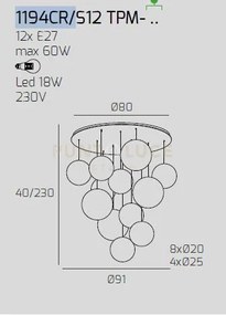 Sosp. cromo 12 luci tonda vetri (8 piccoli (3xam+3xbr+2xfu)+4 medi ...