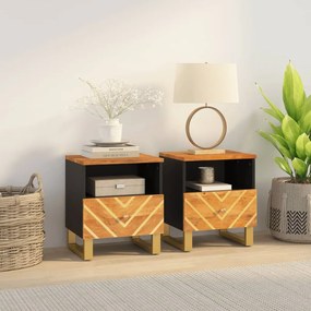 Comodini 2 Pz Marrone E Nero İn Legno Massello Di Mango /