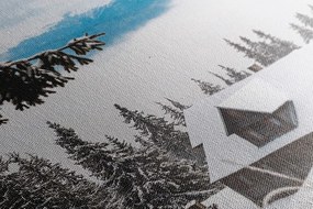Stampa su tela – Casetta di legno tra pini innevati