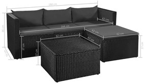 Set Divani da Giardino 3 pz in Polyrattan Nero e Grigio