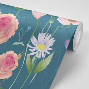 Carta da parati – Fiori romantici su sfondo blu
