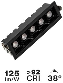 Faro LED Incasso 12W Nero Rettangolare Foro 140x35mm CRI92 Colore Bianco Caldo 3.000K