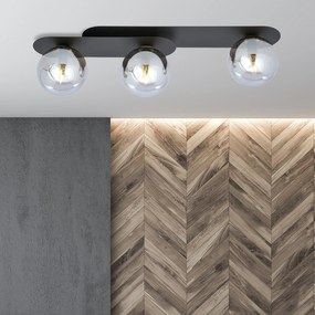Plafoniera Minimal 3 Luci Teia In Acciaio Nero E Sfere Vetro Fumè