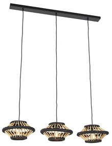 Lampada a sospensione orientale in bambù con paralumi neri oblunghi a 3 luci - Evalin