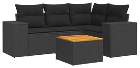 Set divani da giardino 5 pz con cuscini in polyrattan nero