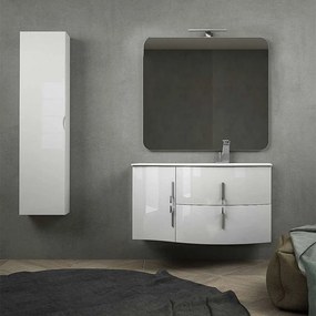 Mobile bagno onda bianco lucido sospeso 105 cm con cassettoni soft close specchio applique LED e colonna (versione destra)
