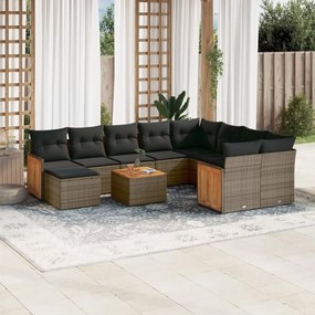 Set divani da giardino 11 pz con cuscini in polyrattan grigio