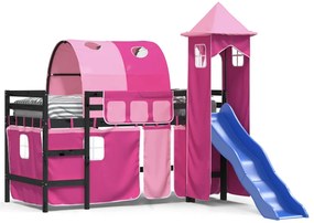 Letto a soppalco con torre bambini rosa 90x190cm massello pino