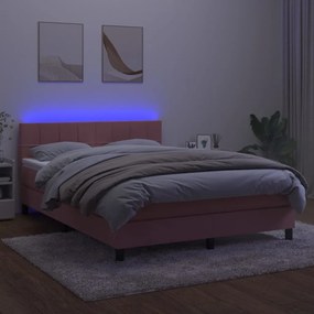 Letto a molle con materasso e led rosa 140x200 cm in velluto