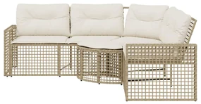 Divano da giardino a l con cuscini e pouf beige in polyrattan